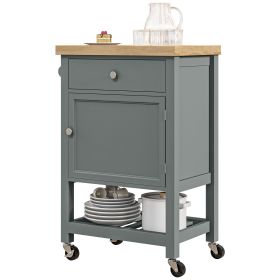 HOMCOM Kitchen Island Cart on Wheels, Gray, Rolling Kitchen Cart with Rubberwood Top, Drawer, Wine Rack, Cabinet