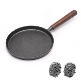 WANGYUANJI Cast Iron Pizza Pan 7.9", Uncoated Pancake Skillet for Indoor and Outdoor, Non-Stick Skillet with Wooden Handle, Handmade Pancakes, Pizza