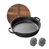 WANGYUANJI 11.8"Cast Iron Wok with Dual Handles and Wooden Lid, Uncoated Frying Pan for Gas and IH, Chinese Thickened Pancake Pan