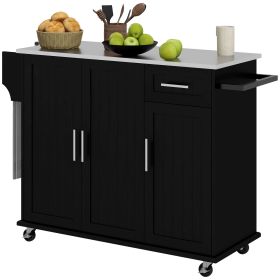 HOMCOM Black Mobile Kitchen Command: Rolling Island with Stainless Top, Drawers, Cabinets & Racks