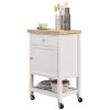 HOMCOM Kitchen Cart, White, Rolling Island with Rubberwood Top, Drawer, Wine Rack, Cabinet on Wheels