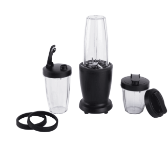 Mainstays 10-Piece Blender Set, Black, 300W, with 3 Jars (10oz, 16oz, 18oz), 2 Drinking Lids, Stainless Steel Blade