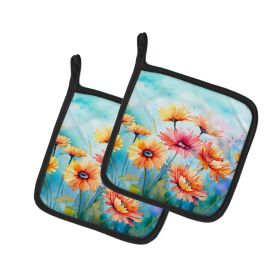 Gerbera Daisies in Watercolor Pair of Pot Holders Kitchen Heat Resistant Pot Holders Sets Oven Hot Pads for Cooking Baking BBQ, 7 1/2 x 7 1/2