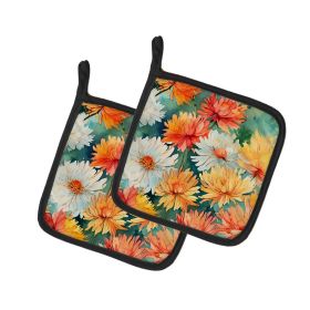 Chrysanthemums in Watercolor Pair of Pot Holders Kitchen Heat Resistant Pot Holders Sets Oven Hot Pads for Cooking Baking BBQ, 7 1/2 x 7 1/2
