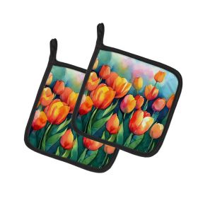 Tulips in Watercolor Pair of Pot Holders Kitchen Heat Resistant Pot Holders Sets Oven Hot Pads for Cooking Baking BBQ, 7 1/2 x 7 1/2