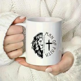 1 "for Man of Faith" 11oz Ceramic Coffee Mug with Lion & Cross Design - Inspirational Quote, Ideal for Husband, Dad,