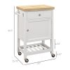 HOMCOM Kitchen Cart, White, Rolling Island with Rubberwood Top, Drawer, Wine Rack, Cabinet on Wheels