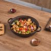 WANGYUANJI 11.8"Cast Iron Wok with Dual Handles and Wooden Lid, Uncoated Frying Pan for Gas and IH, Chinese Thickened Pancake Pan