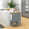 HOMCOM Kitchen Island Cart on Wheels, Gray, Rolling Kitchen Cart with Rubberwood Top, Drawer, Wine Rack, Cabinet