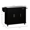 HOMCOM Black Mobile Kitchen Command: Rolling Island with Stainless Top, Drawers, Cabinets & Racks