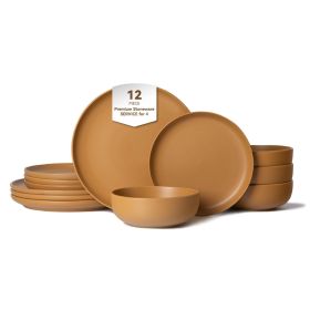 12-Piece Stoneware Dinner Plates Bowls Sets | Microwave & Dishwasher Safe | Non-Toxic Dinner Plates Bowls Set | Stackable Matte Glaze Kitchenware for (Main Color: Orange, Main Material: Stone)